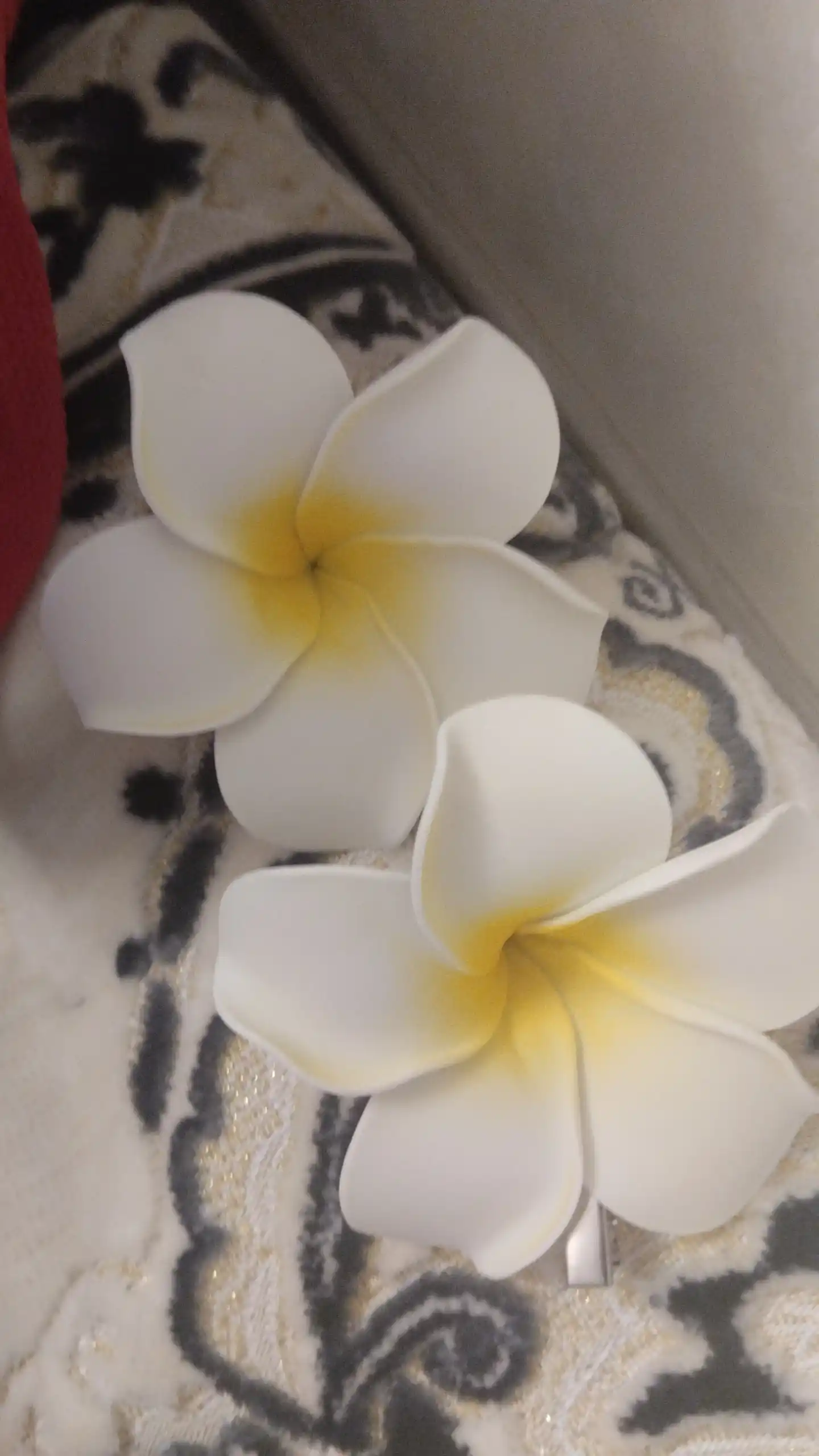 Nafis plyaj soch qisqichi, sariq va oq frangipani guli