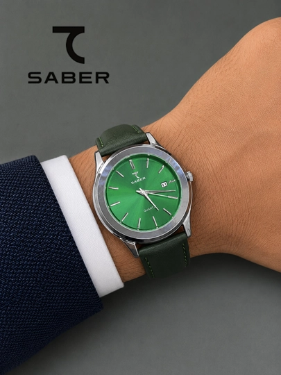 Мужские наручные часы SABER, кварцевый механизм, кожаный ремешок часы в подарочной коробке — WTCLINE-SABER89-ЗЕЛЕН
