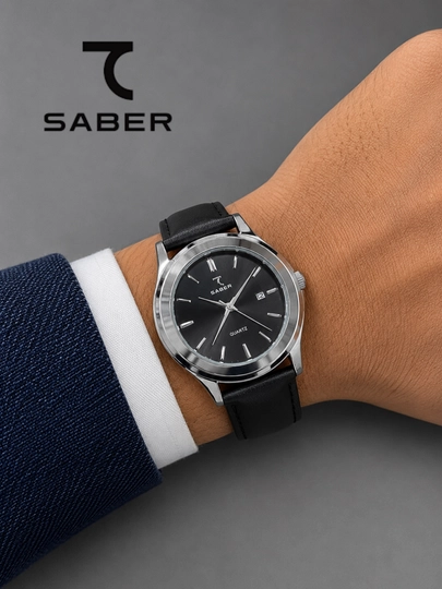 Мужские наручные часы SABER, кварцевый механизм, кожаный ремешок часы в подарочной коробке — WTCLINE-SABER89-ЧЕРН