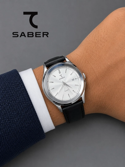 Мужские наручные часы SABER, кварцевый механизм, кожаный ремешок часы в подарочной коробке — WTCLINE-SABER89-БЕЛЫЙ