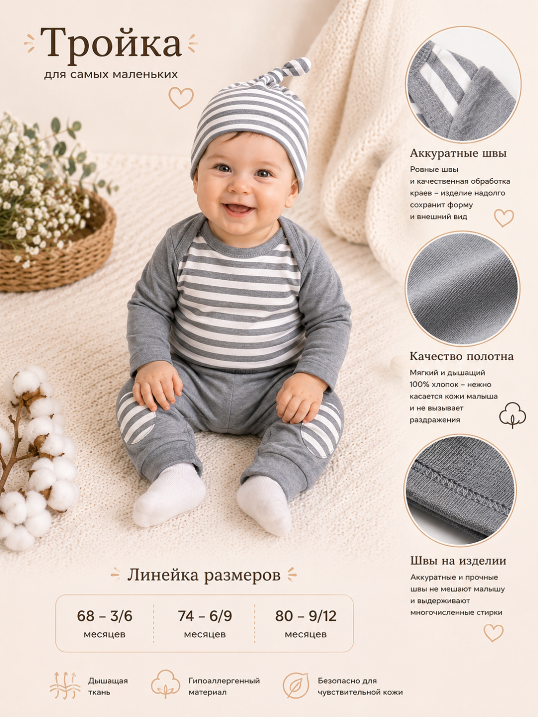 3 qismli to'plam: qalpoq, bodi va shimlar, 100% paxta - 
