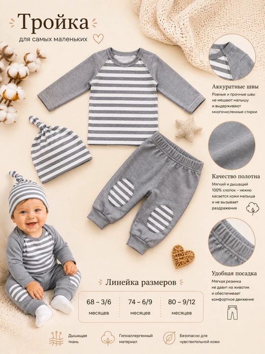 3 qismli to'plam: qalpoq, bodi va shimlar, 100% paxta