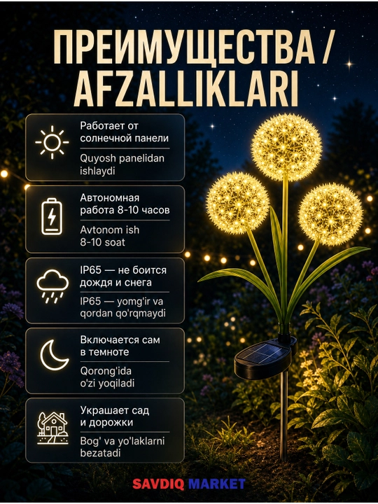 Bog' uchun quyosh batareyali fonar — svetodiodli ko'cha chirog'i, to'plam 2 dona