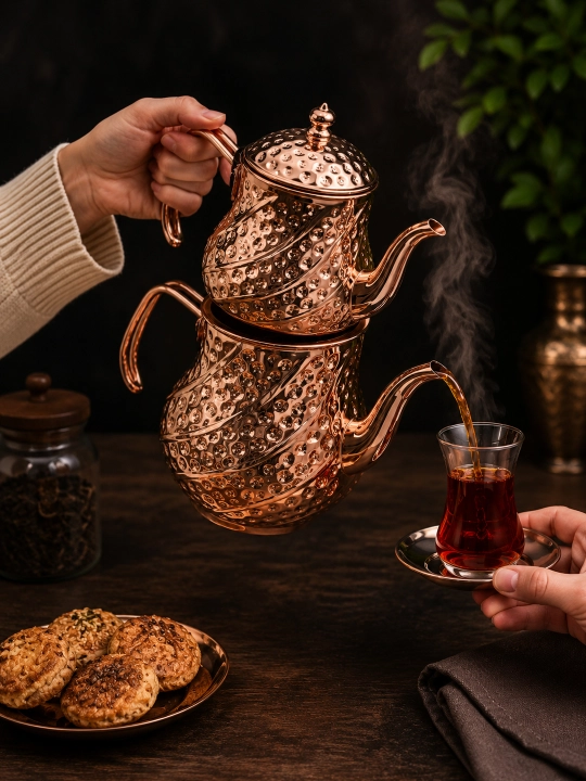 Turkcha ikki qavatli choynak (Chaydonlik) – mis rang qoplamali choy damlash to‘plami