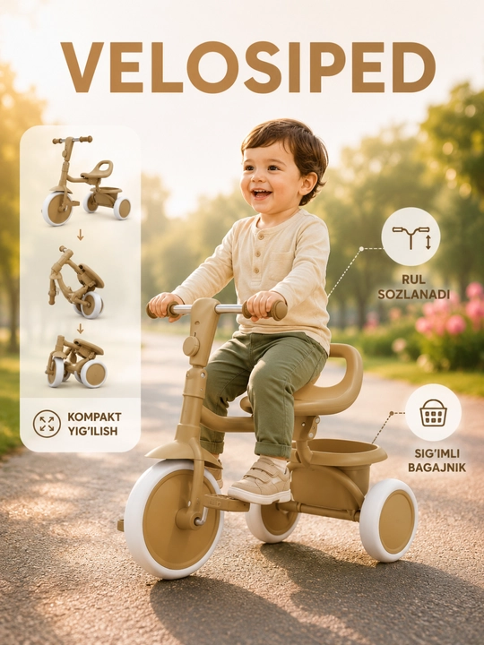 Bolalar velosipedi uch g‘ildirakli, savatli velosiped, o‘suvchi velosiped, velik - 