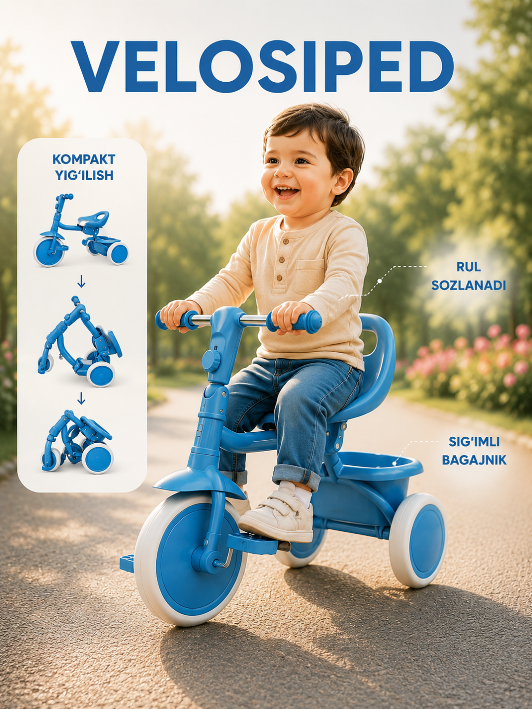 Bolalar velosipedi uch g‘ildirakli, savatli velosiped, o‘suvchi velosiped, velik - 