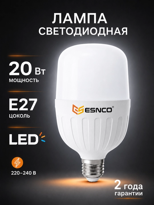 Светодиодная лампа E27 20W 50W 60W холодный белый свет без мерцания для дома - 