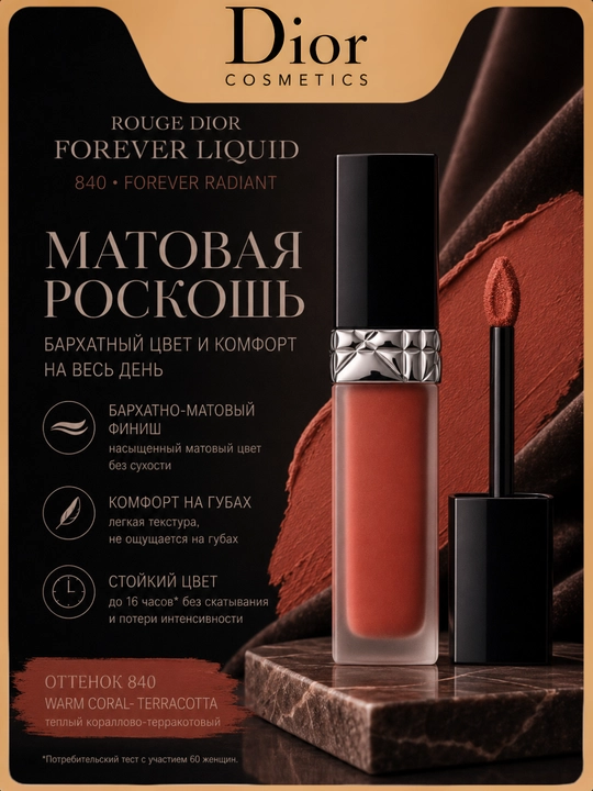 Жидкая матовая помада для губ на весь день, лёгкая текстура - Dior forever liquid 840 - 