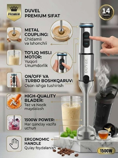 DUVEL DL-243 Premium Qo'l Blenderi, 1500W — Oshxonangizda professional yordamchi