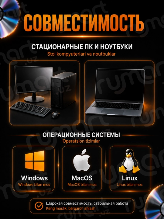 Tashqi disk drayveri DVD-RW, DVD-ROM, CD-ROM 8 tasi 1 da. USB hub, yuqori yozish tezligi