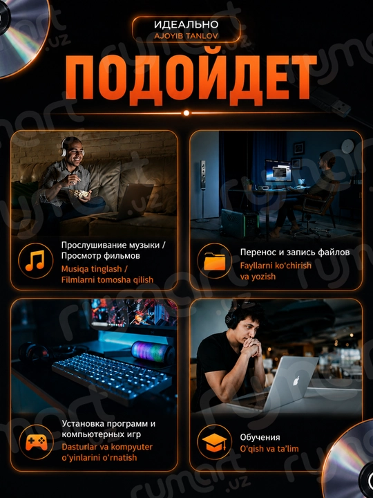 Tashqi disk drayveri DVD-RW, DVD-ROM, CD-ROM 8 tasi 1 da. USB hub, yuqori yozish tezligi