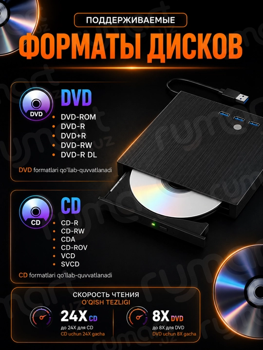 Tashqi disk drayveri DVD-RW, DVD-ROM, CD-ROM 8 tasi 1 da. USB hub, yuqori yozish tezligi