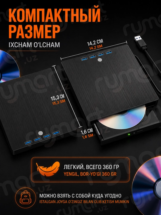 Tashqi disk drayveri DVD-RW, DVD-ROM, CD-ROM 8 tasi 1 da. USB hub, yuqori yozish tezligi