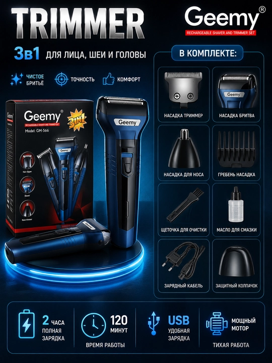 Geemy GM-566 professional trimmeri, 3 tasi 1 da — soqol, soch va tana parvarishi uchun universal qurilma - 