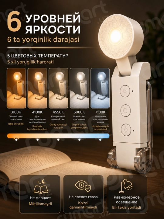 Фонарик для чтения с прищепкой, 5 режимов света, 6 уровней яркости, аккумуляторный, 700 мА