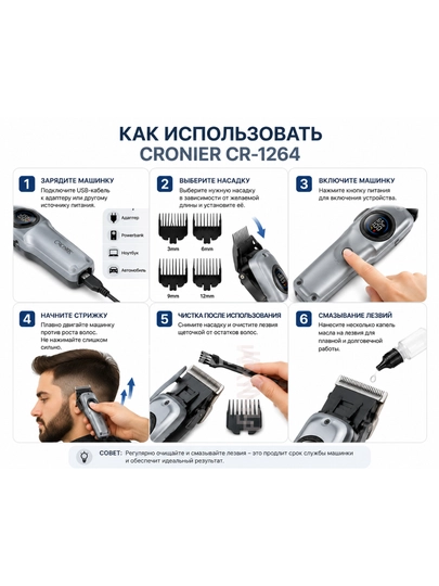 Машинка для стрижки волос Cronier CR-1264, профессиональный триммер для бороды и волос