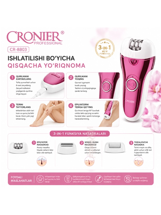 Эпилятор ronier CR-8803 3 в 1, женский эпилятор, устройство для ухода за кожей