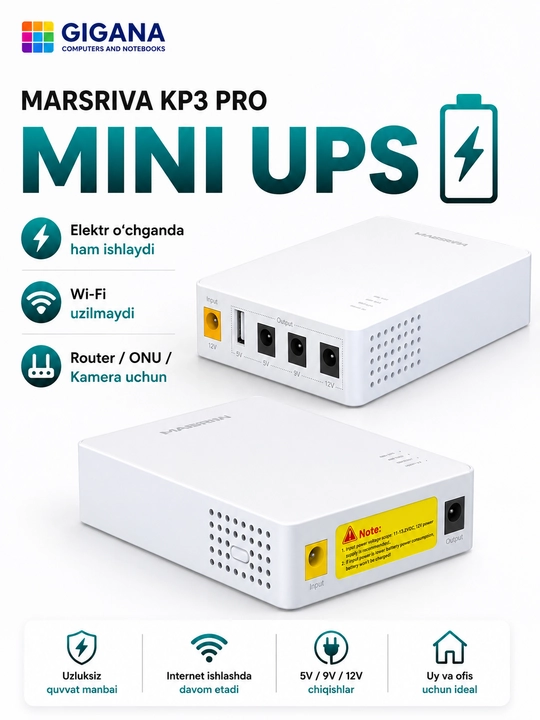 MARSRIVA KP3 Pro — Smart Mini UPS 10000mAh, 36W (Router, ONU va IP kameralar uchun) - 