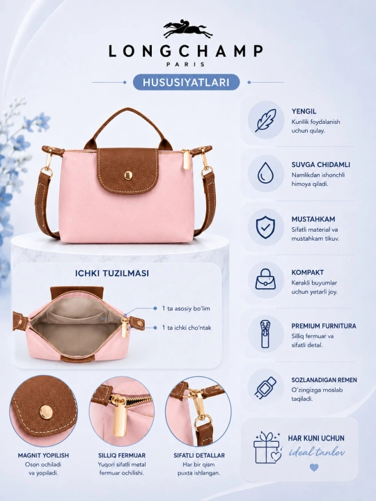 LONGCHAMP sumka, yangi ranglar, yelkama sumka, mini sumka, ayollar va qizlarga