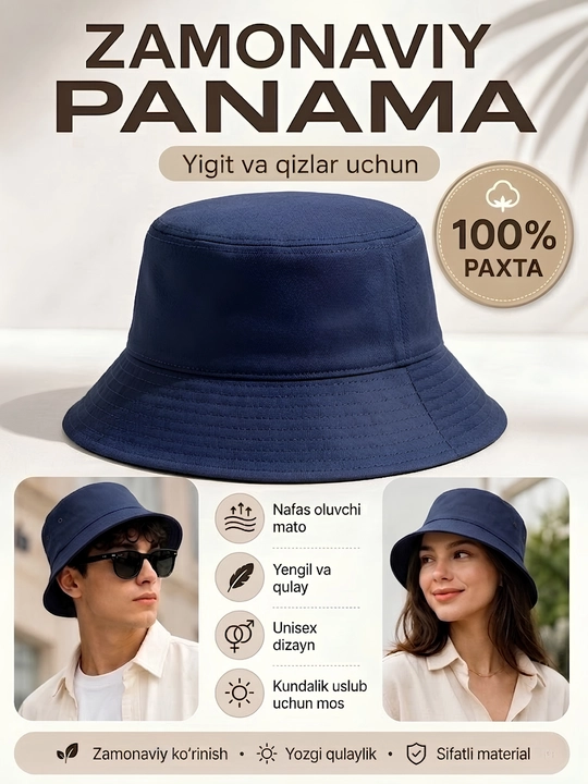 Zamonaviy panama, 100% paxta, yigit va qizlar uchun uniseks bosh kiyim - 