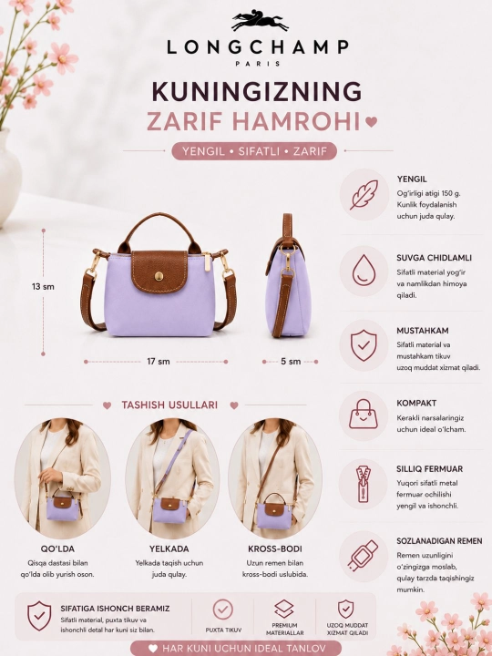 LONGCHAMP sumka, yangi ranglar, yelkama sumka, mini sumka, ayollar va qizlarga