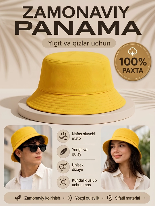 Zamonaviy panama, 100% paxta, yigit va qizlar uchun uniseks bosh kiyim - 