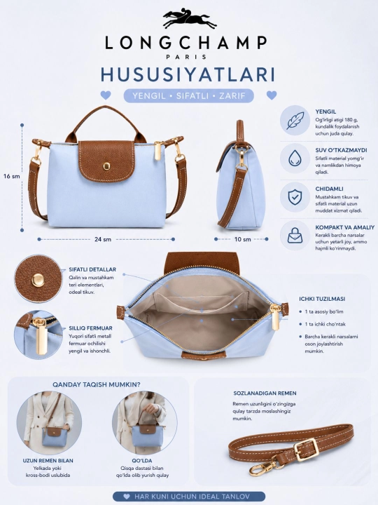 LONGCHAMP sumka, yangi ranglar, yelkama sumka, mini sumka, ayollar va qizlarga