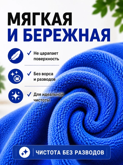 Полотенце из микрофибры для авто и дома, впитывающее, без разводов — TOZALUX-RANGLI-СИНИЙ-30x60