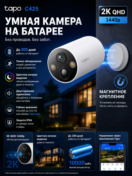 Tapo C425 — беспроводная аккумуляторная уличная IP‑камера с 2K QHD - 