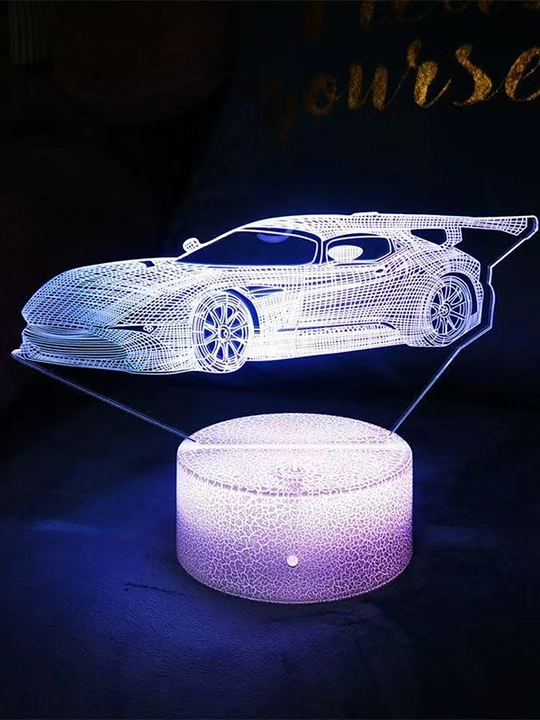 3D illyuziyali rangli sportmashina tungi chiroq, muhit chiroqi, yotoq boshidagi chiroq