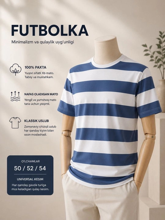 Erkaklar uchun yozgi futbolka, 100% paxta, 52-56 o'lcham