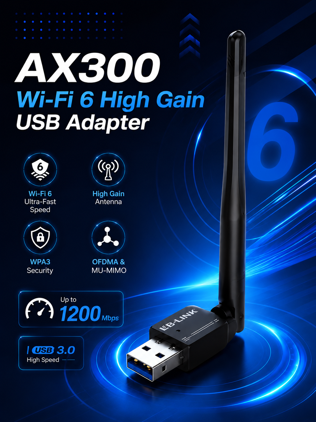 B-LINK AX300 Wi-Fi 6 USB Adapter | Yuqori Signal Kuchaytirgichli Wi-Fi Qabul Qilgich - 
