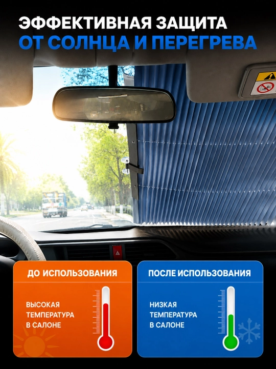 Автоаксессуар - солнцезащитная шторка для лобового стекла авто, универсальная на присосках