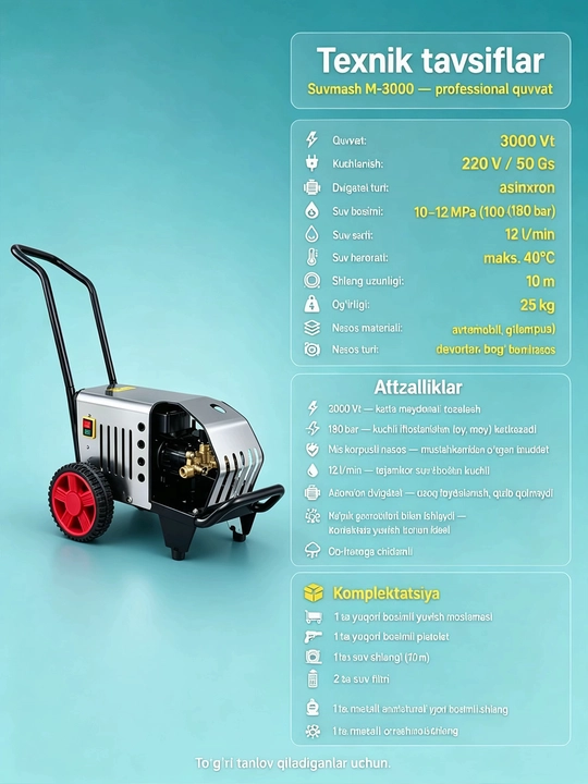 Yuqori bosimli avtomobil yuvish mashinasi 3000w, avtomobillarni yuvish moslamasi