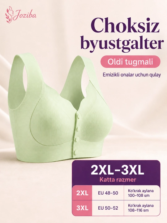 Ayollar uchun choksiz byustgalter, oldi tugmali, simsiz, katta razmer 2XL-3XL - 