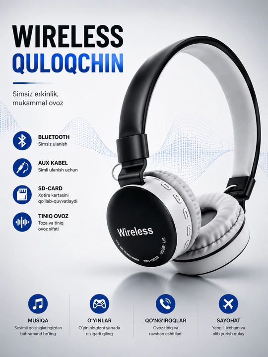 MS-881A Simsiz Bluetooth Quloqchin, AUX va SD Card Qo‘llab-quvvatlaydigan Headphone