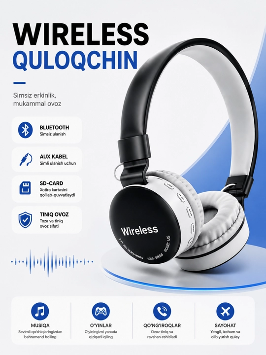 MS-881A Simsiz Bluetooth Quloqchin, AUX va SD Card Qo‘llab-quvvatlaydigan Headphone