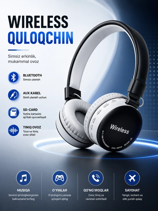 MS-881A Simsiz Bluetooth Quloqchin, AUX va SD Card Qo‘llab-quvvatlaydigan Headphone - 