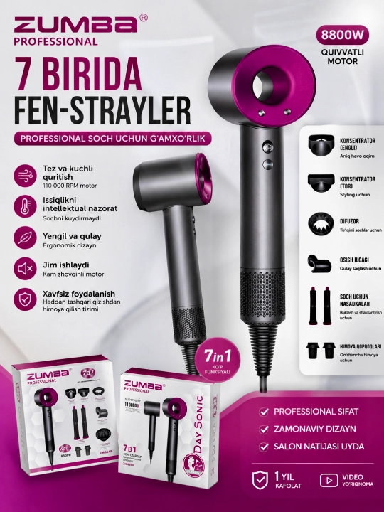 ZUMBA 7-in-1 Professional Fen-Stayler 8800W 7 ta Nasadka