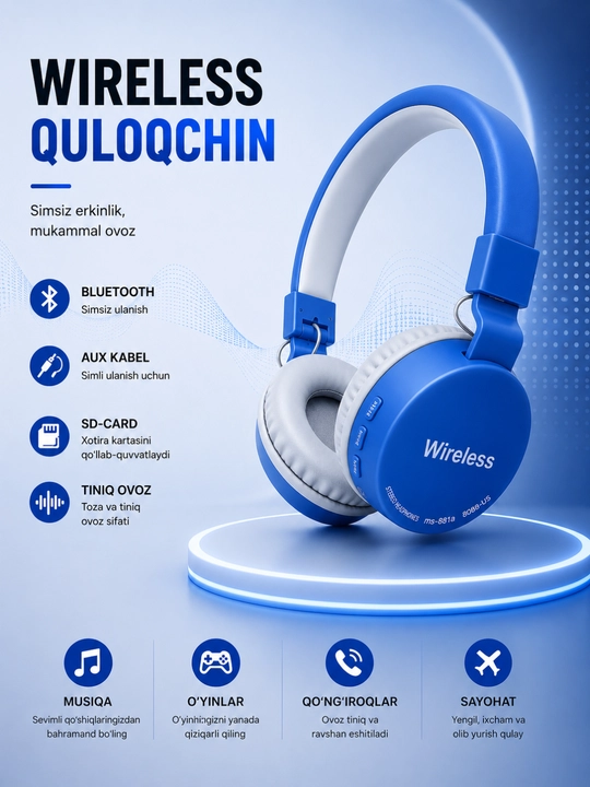 MS-881A Simsiz Bluetooth Quloqchin, AUX va SD Card Qo‘llab-quvvatlaydigan Headphone - 