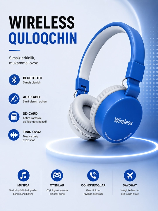 MS-881A Simsiz Bluetooth Quloqchin, AUX va SD Card Qo‘llab-quvvatlaydigan Headphone