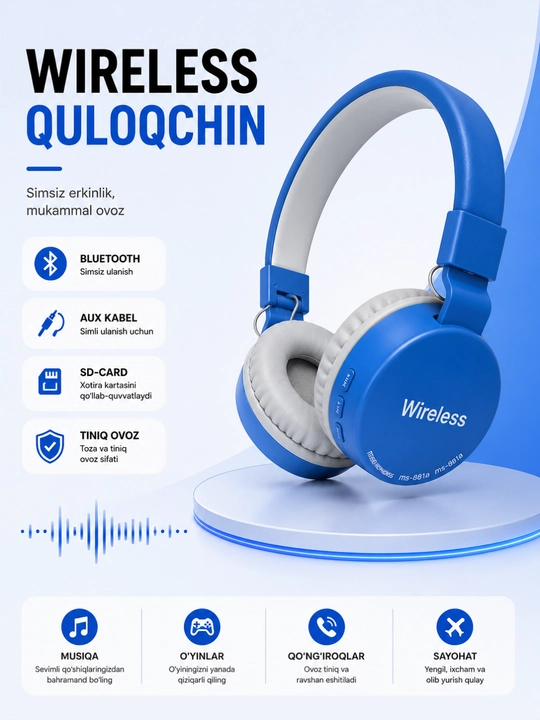 MS-881A Simsiz Bluetooth Quloqchin, AUX va SD Card Qo‘llab-quvvatlaydigan Headphone