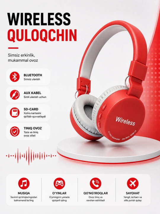 MS-881A Simsiz Bluetooth Quloqchin, AUX va SD Card Qo‘llab-quvvatlaydigan Headphone
