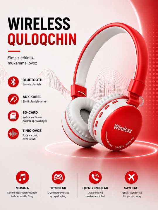 MS-881A Simsiz Bluetooth Quloqchin, AUX va SD Card Qo‘llab-quvvatlaydigan Headphone