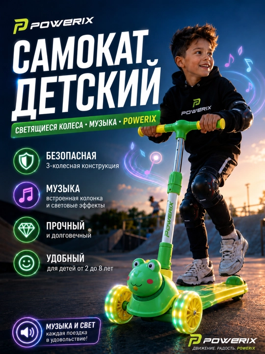 Самокат с музыкой, детский, трехколесный, со светящимися колесами - 