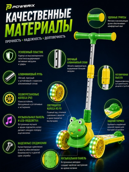 Самокат с музыкой, детский, трехколесный, со светящимися колесами