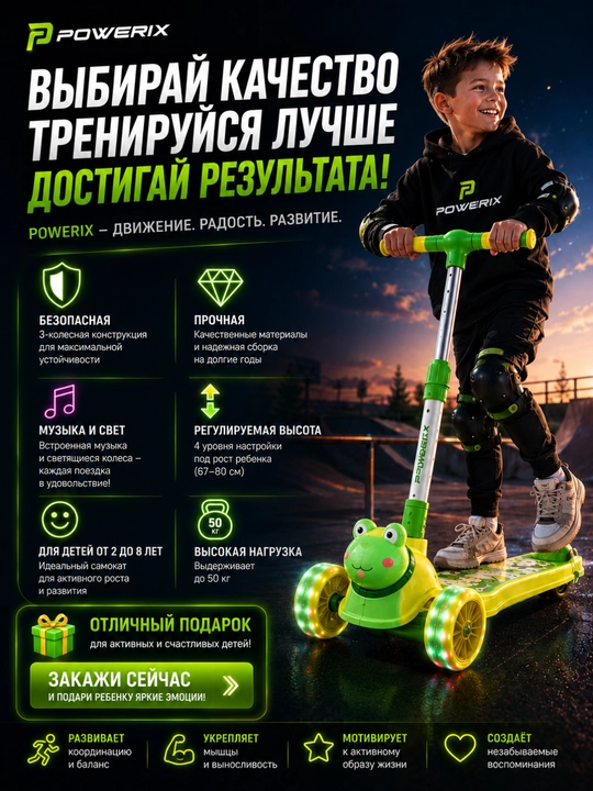 Самокат с музыкой, детский, трехколесный, со светящимися колесами