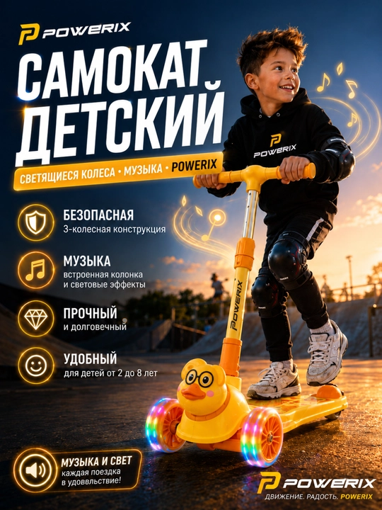 Musiqali samokat, bolalar uchun, uch g‘ildirakli, yaltiroq g‘ildirakli - 