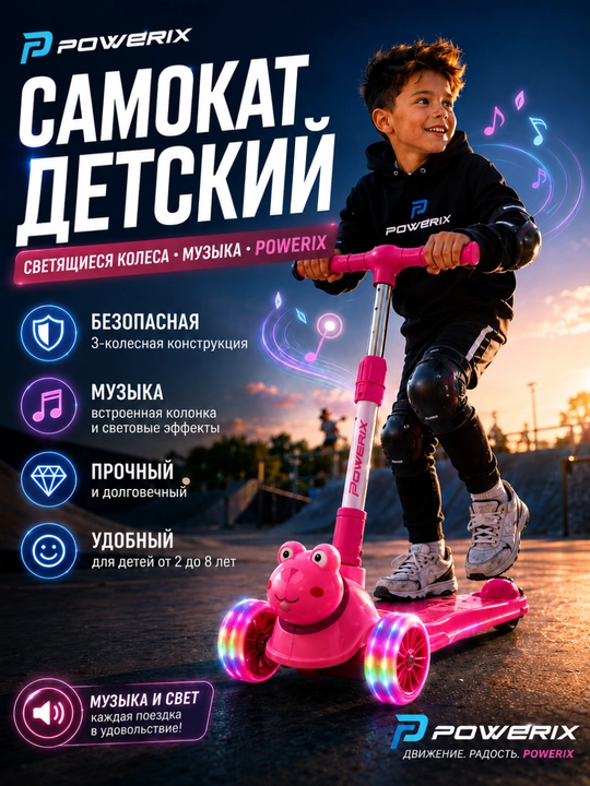 Самокат с музыкой, детский, трехколесный, со светящимися колесами - 