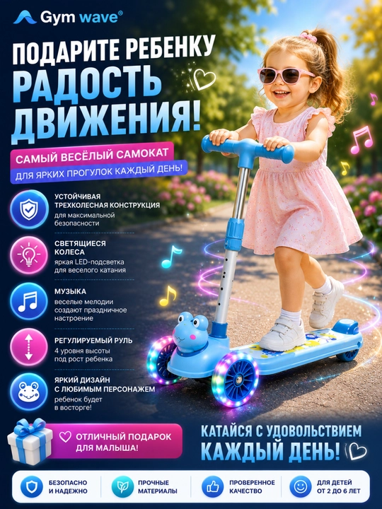 Самокат, детский самокат, трехколесный, регулируемый руль